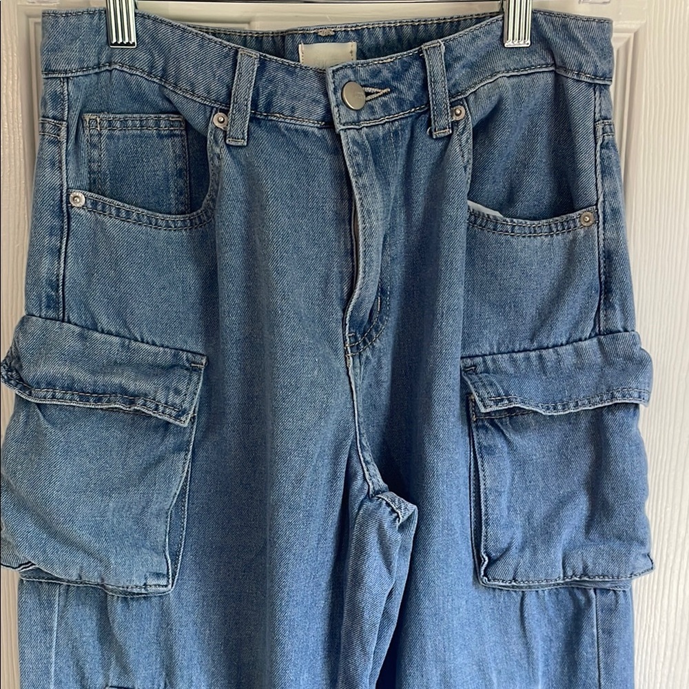 Blue Wide Leg Cargo Flare Jeans - Picture 2 of 5